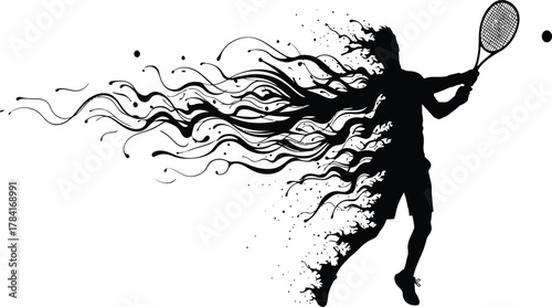 Tennis forehand silhouette with flowing ink trails, dynamic racket swing motion, black-and-white sports vector illustration