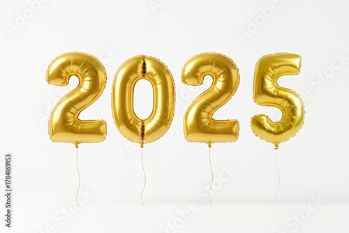 Shimmering gold balloons proudly display the year 2025, heralding new beginnings and exciting opportunities for celebration and progress.