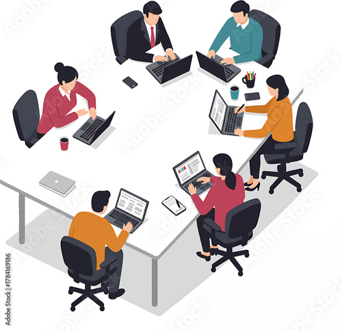 Isometric View of Diverse Team Working Collaboratively at Table.