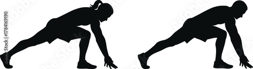 Athlete stretching silhouette, fitness warmup exercise, yoga lunge pose, sports preparation, flexibility training, workout routine, healthy lifestyle concept