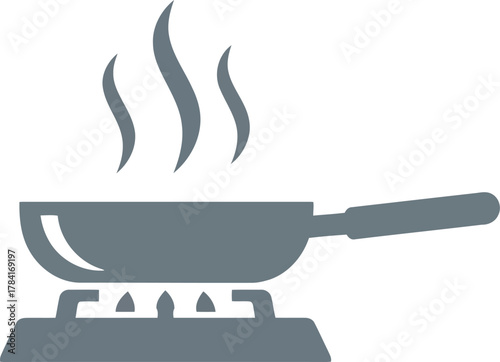 Hot cooking pan on stove with steam rising indicating food preparation heat and culinary process vector