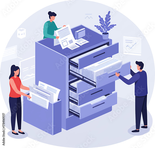 Isometric Filing Cabinet with Documents and Three People Illustration.