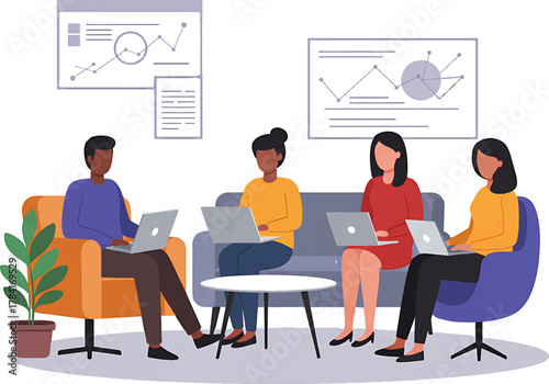 Diverse Team Working on Laptops Analyzing Charts Modern Office Illustration.