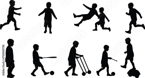 Children silhouettes playing, running, walking, standing, sports, outdoor activity, childhood fun, movement, exercise, fitness, teamwork, lifestyle, recreation, energy, growth, development