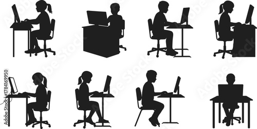 Children silhouettes sitting at desks using computers, diverse postures, ergonomic setups, technology learning, education, classroom, digital lifestyle