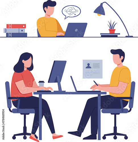 Faceless Man Working on Laptop with Car Thought Bubble.