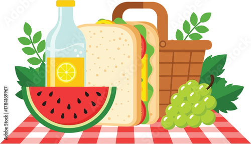 Summer Picnic Food Basket and Fruit on Blanket Vector .