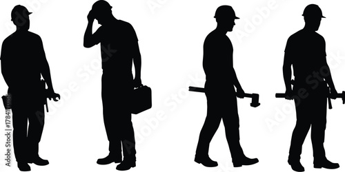 Construction workers silhouette with tools, hard hats, teamwork, industry labor, safety gear, building site, engineering workforce, skilled trades
