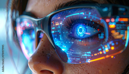 Digital Gaze: A close-up view of an individual's eye reflecting intricate digital data through futuristic glasses. A fusion of technology and human vision.