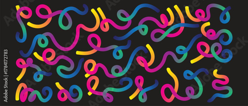 Vivid curves gradient playfully undulate across a matte black backdrop, radiating contemporary art