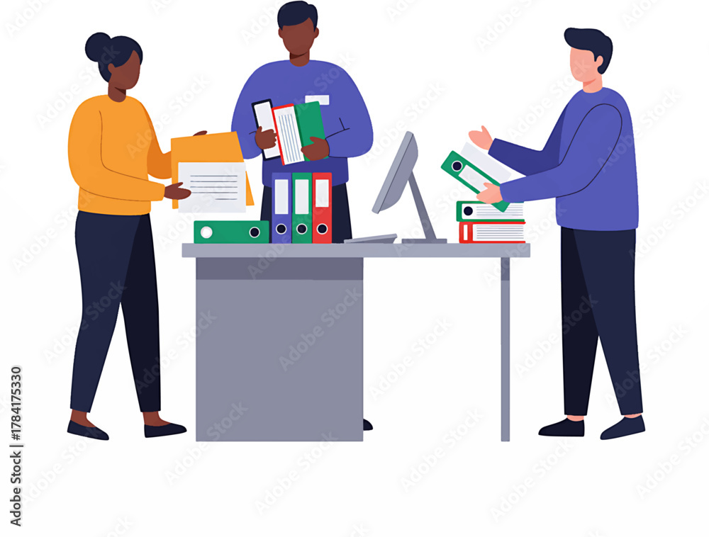 Obraz premium Three Diverse Office Workers Handling Documents and Files Vector Illustration.
