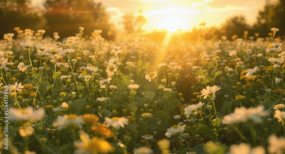Obraz premium A sunlit meadow of white wildflowers basks in golden hour light, trees in the background
