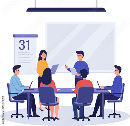 Illustrated Business Meeting with Presenters and Attendees Around Table.