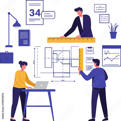 Architects Collaborating on Blueprint with Ruler and Laptop Vector Illustration.