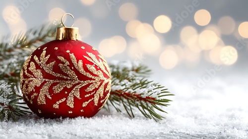 A red christmas ornament with gold design on snow covered surface with blurred lights backdrop