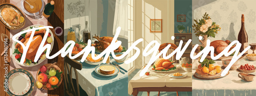 Vintage thanksgiving dinner illustration with roasted turkey wine and harvest table filled with autumn foods