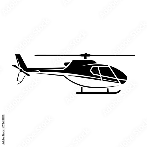 Black and white silhouette of a modern helicopter flying, side view.
