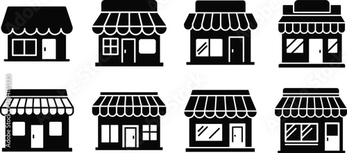 Collection of small shop building icons, local store silhouettes, modern storefront illustration, business retail vector design for commercial architecture concept