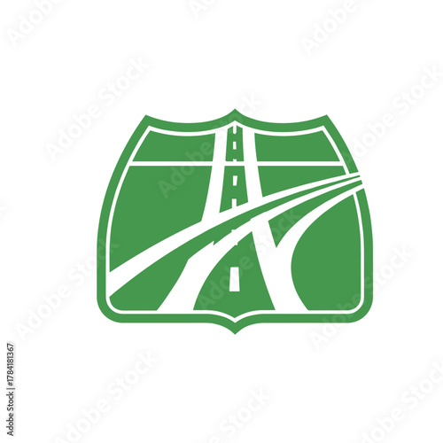 Green shield icon with a stylized highway and merging road, representing transport and travel routes.