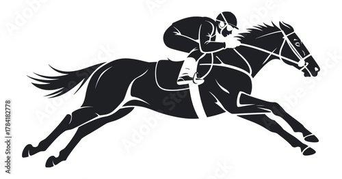 Jockey Riding Galloping Horse. Vector Illustration Depicting Speed, Power, and Equestrian Sport for Horse Racing, Competition, and Athletic Design Projects