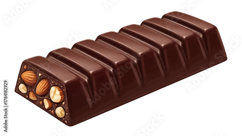 Vector illustration of dark chocolate bar with almonds and hazelnuts on a white background