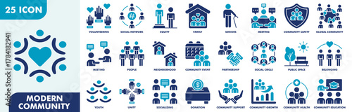 Modern Community Icon Set Collection. Consist Of Volunteering, Social Network, Equity, Family, Seniors, Meeting, Community Safety, Global Community. Simple Flat Vector Illustration.
