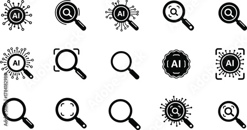 A collection of black and white ai search icons with magnifying glasses and ai symbol designs