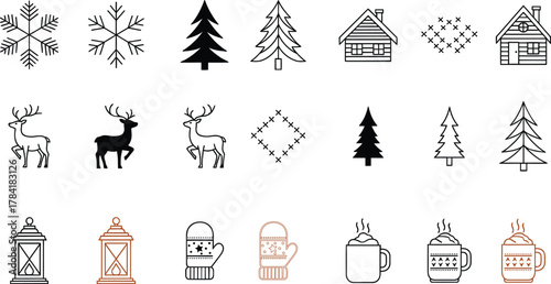 A winter themed icon set featuring snowflakes, trees, reindeer, cabins, mittens, and hot cocoa