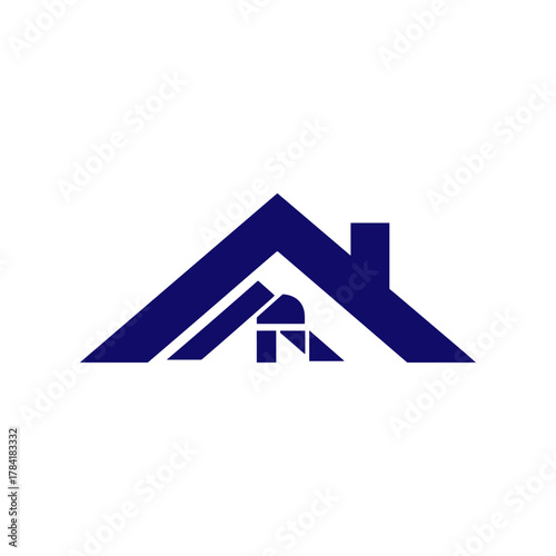 Blue house roof with chimney and stylized 'A' inside, isolated on white.