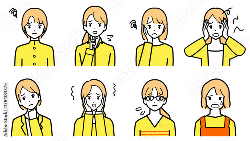 困っている表情の若い女性の上半身のセット
