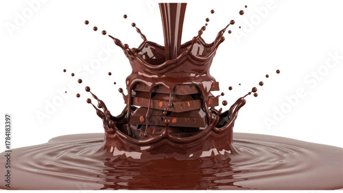 Vector illustration of chocolate bar splashing into liquid chocolate on a white background