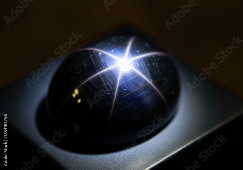 Luxurious black star sapphire gemstone displaying bright six ray asterism on a dark surface