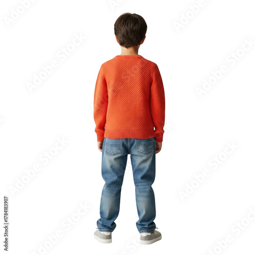 Boy in orange sweater and jeans standing isolated on transparent background