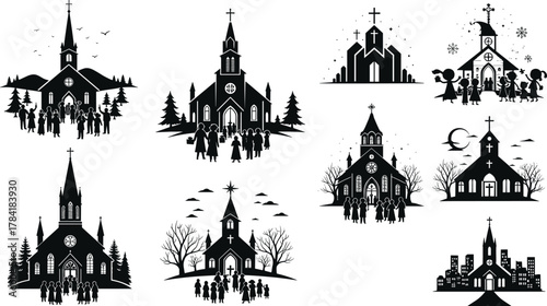 Church silhouette illustration, black and white design, worship gathering, architectural style, seasonal elements, steeple, cross, community event, symbolic scene