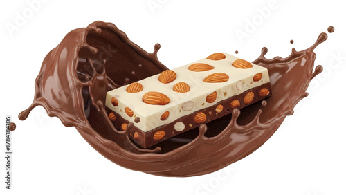 Vector illustration of a bar of white chocolate with almonds and dark chocolate base splashing in liquid chocolate on a white background