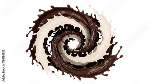 Vector illustration of swirling splash of dark chocolate and white milk on a white background