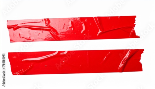 Two pieces of crumpled red adhesive tape isolated on a white background, perfect for adding a textured, distressed element to designs or as a vibrant border.