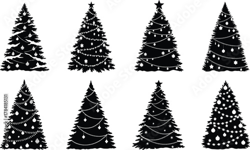 Christmas tree silhouettes, black and white, festive decoration, holiday season, ornamented trees, star topper, garlands, winter celebration, vector design, Christmas clipart, seasonal artwork