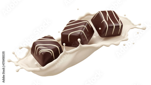 Vector illustration of three dark chocolate candies with white stripes splashing into milk on a white background