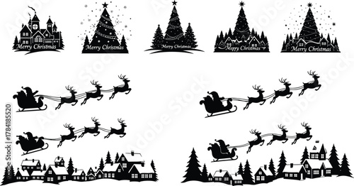 Christmas silhouettes, Santa sleigh, reindeer, festive village, pine trees, snow rooftops, Merry Christmas text, holiday design, winter scene, celebration