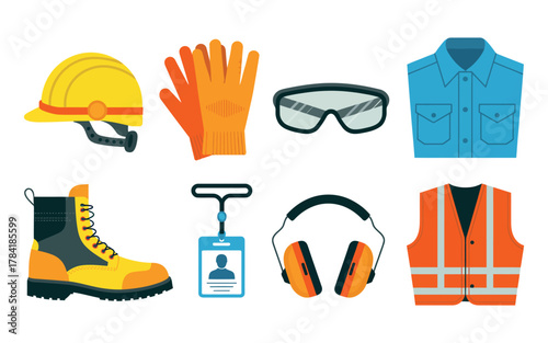 Personal Protective Equipment Set. Safety Gear Including Helmet, Vest, Boots, and Gloves for Construction Workers and Industrial Safety Awareness Vector Illustration