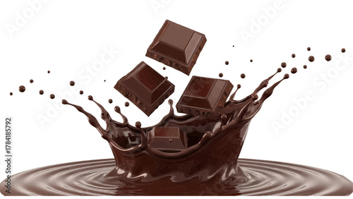 Vector illustration of chocolate pieces splashing into liquid chocolate on a white background