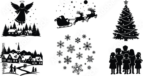 Christmas silhouettes, angel, Santa sleigh, reindeer, moon, Christmas tree, snowflakes, carolers, winter village, festive season, holiday spirit, decorations