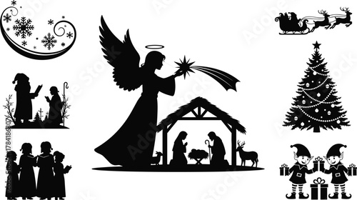 Christmas silhouette illustration, nativity scene, Santa sleigh, carolers, angel with star, festive icons, winter holiday, black design, white background
