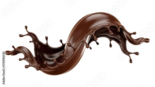 Vector illustration of a dynamic splash of rich, dark chocolate on a white background