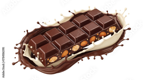 Vector illustration of chocolate bar with almonds splashing in dark and white chocolate on a white background