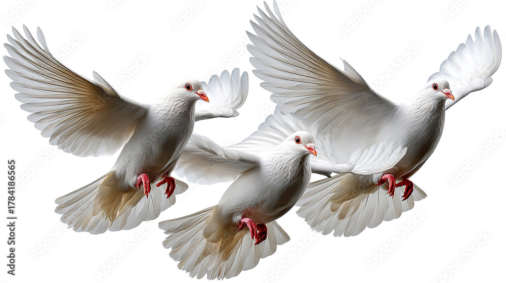 Obraz premium Soaring Freedom: Three graceful doves take flight, their pure white plumage contrasting against the azure sky, symbolizing peace, hope, and unity.