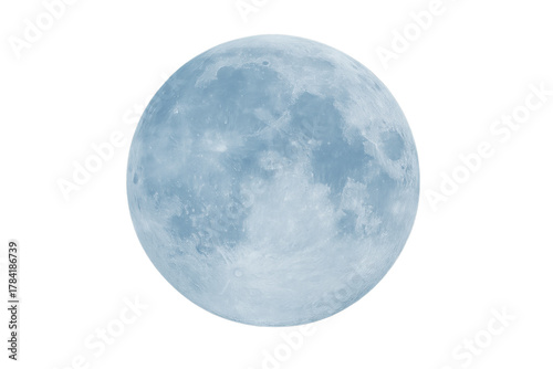 Full blue moon with textured surface, representing lunar cycles, celestial bodies, and space. Isolated on transparent background