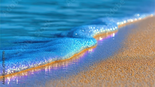 Fototapeta Naklejka Na Ścianę i Meble -  Close up of a gentle ocean wave receding over golden sand with sparkling blue water reflecting sunlight on a sunny day