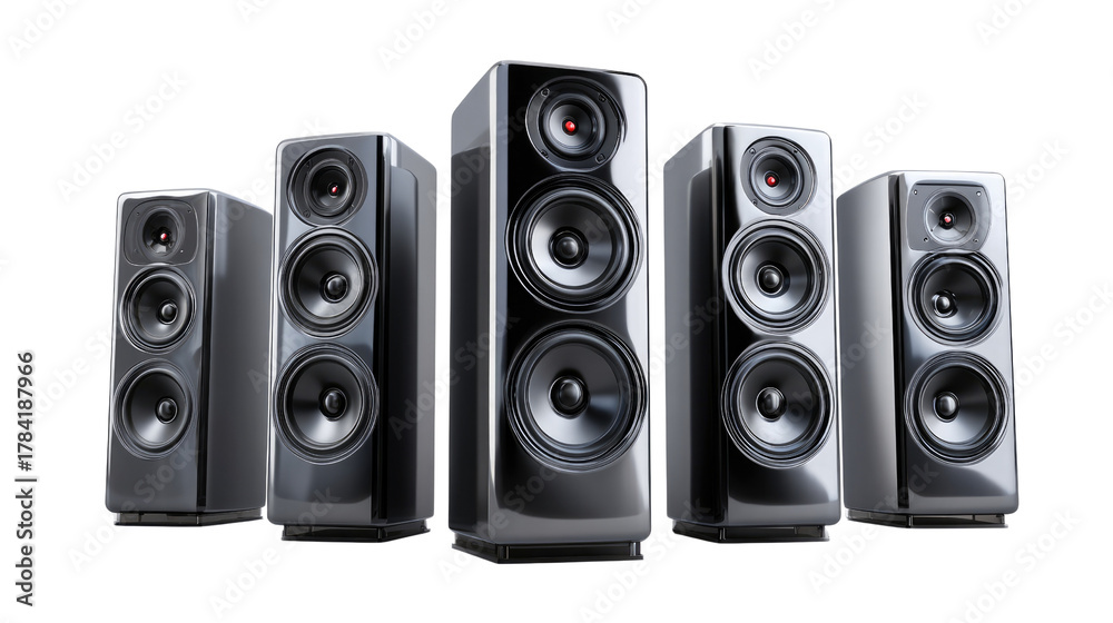 Fototapeta premium Harmonious Sound: A group of sleek, modern speakers stands in perfect synchronization, each crafted with precision and poise to deliver a symphony of sonic excellence.
